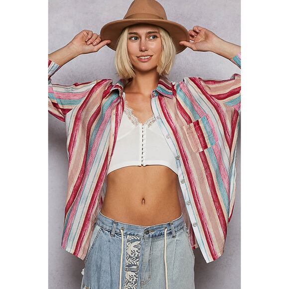 POL Striped Pattern Long Sleeves Chest Pocket Button Down Oversized Shirt | Pink - Picture 3 of 8